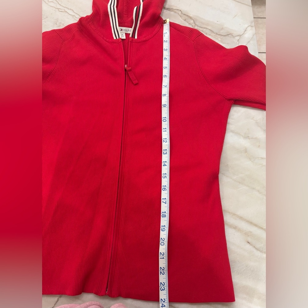 Tommy Hilfiger Ribbed Red Knit full zip up hoodie sweater Slim fit EUC - Picture 12 of 13